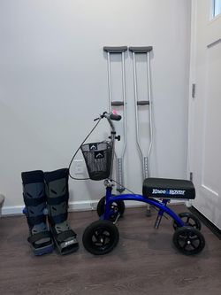Knee Scooter, Crutches, and Walking Boots