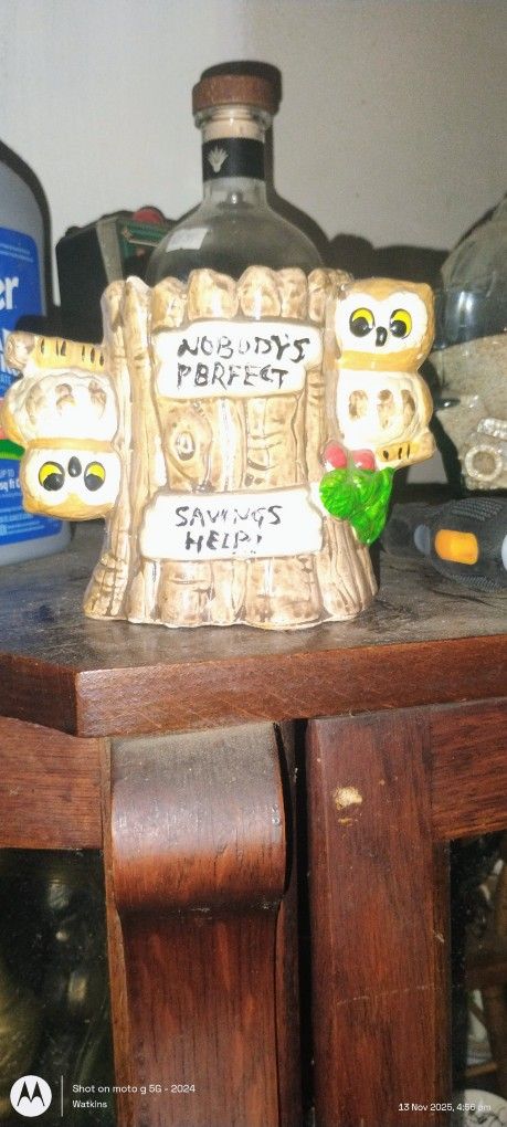 1970s Vintage Ceramic Owl Nobody's Perfect Bank