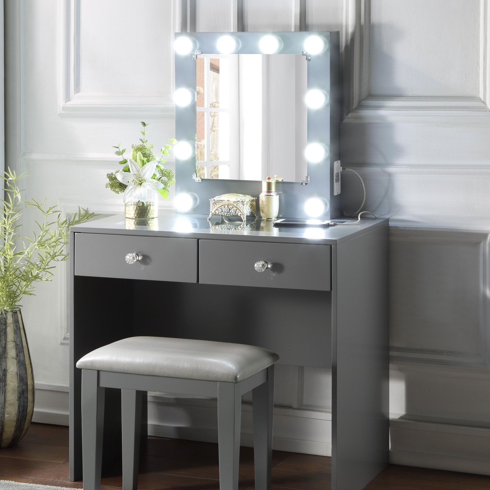 Grey Makeup Vanity with Lights and USB and Stool 