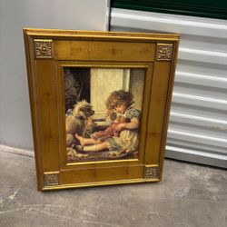 The image features a vintage, ornate gold-framed lithograph titled "Say Please" by German artist Karl Wilhelm Friedrich Bauerle-depicting a young Girl