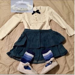 NWT 2T Denim Skirt, Top, Headband Set