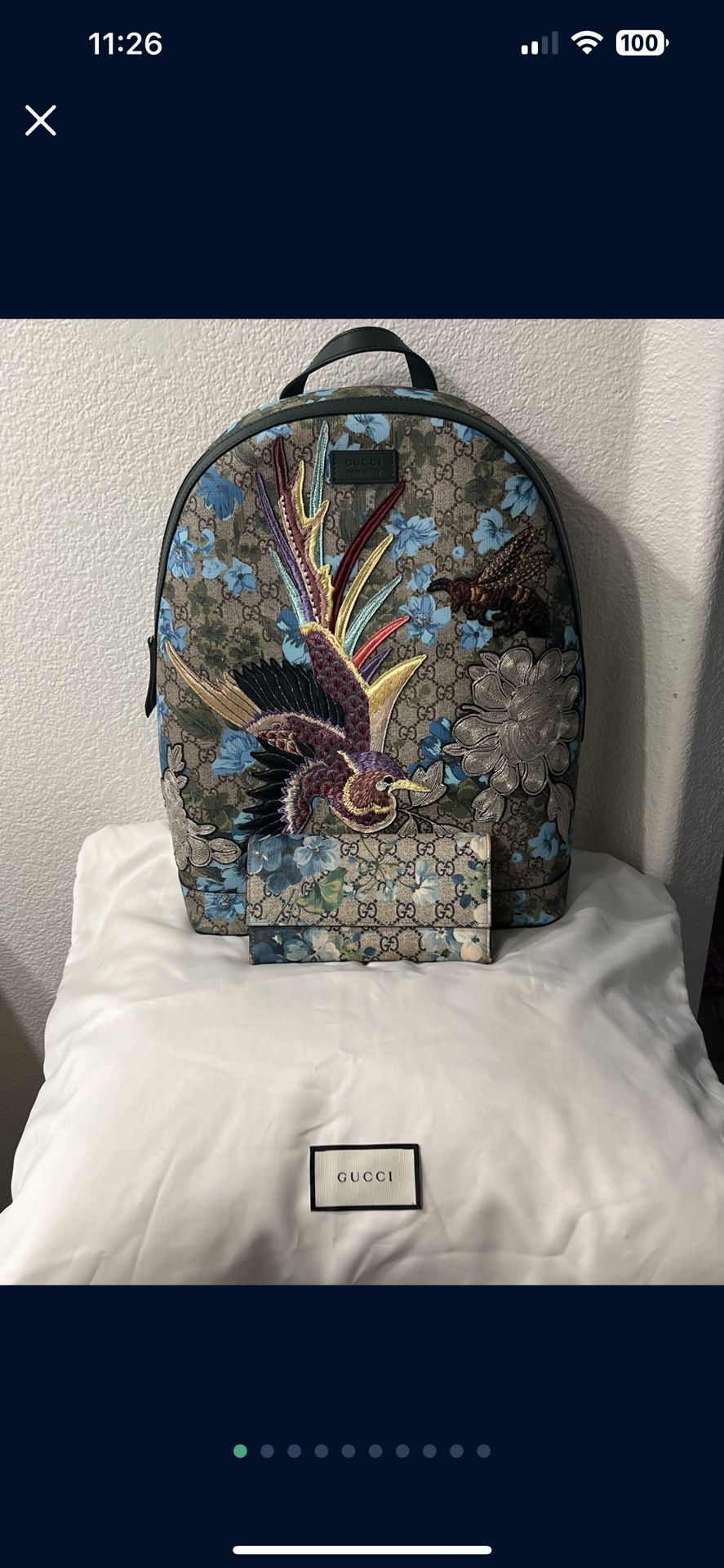 *BUNDLE* Authentic 💙 Gucci GG Supreme Blooms Embroidery Bird Bee Backpack & Wallet