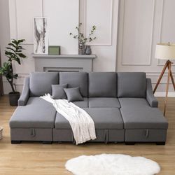 Upholstery Sectional Sofa Sleeper Sectional Couch Pull-Out Sofa Bed,U Shape Sectional Sofa with Double Storage Spaces and 2 Tossing Cushions 