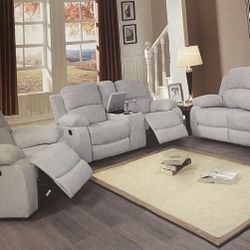 Grey Microfiber Fully Reclining Three Piece Couch Set