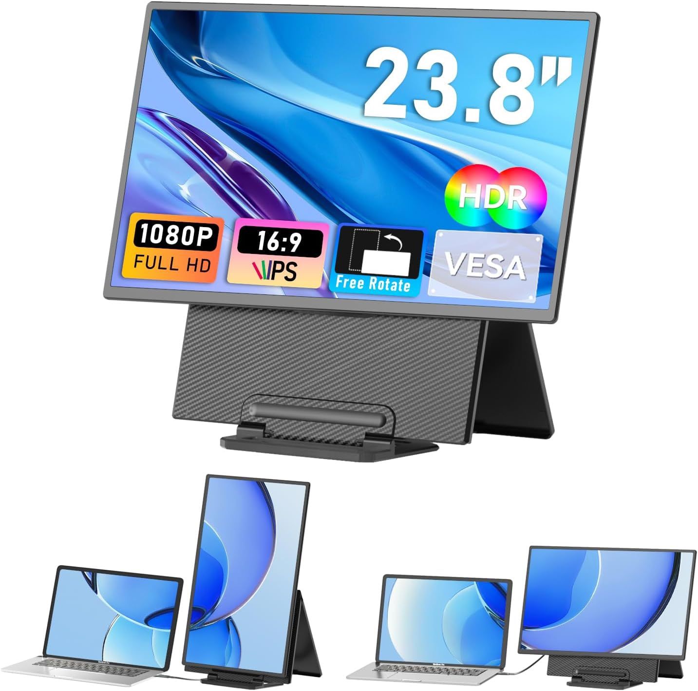 23.8" Laptop Screen Extender, 1080P FHD IPS Portable Monitor with Rotatable