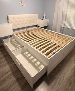 BRIMNES Bed frame with storage and headboard, white, Queen