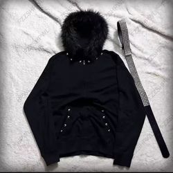 Rivet design Punk Dark Faux Fur Collar Y2K Zip up hoodie Fashion Jacket Streetwear Hip Hop Zipper Hoodie sweatshirt Gothic Chic