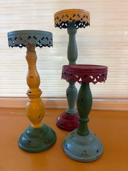 (3) rustic colorful candle holders