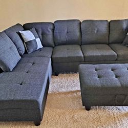 Charcoal Linen Sectional Couch And Ottoman 