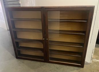Vintage Mid Century Solid Wood Glass Door Display Case / Wall Cabinet with Key Lock