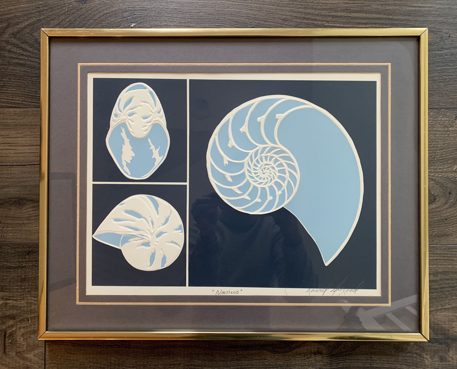 • vintage david allgood 1980 serigraph embossed signed shell nautilus gold framed •