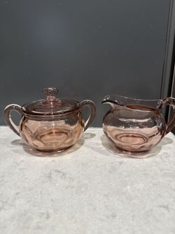  Vintage Signed Heisey Glass Flamingo Pink Yeoman Cream & Sugar Set 
