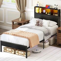 Metal Platform Wood Bedframe with Storage & Charging Headboard