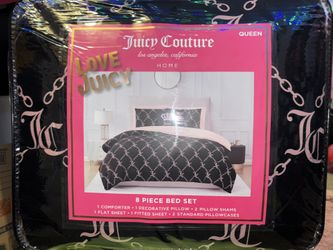 Juicy Couture Black/Pink JC Monogram 8pc QUEENSet Comforter, Shams,Sheets,Pillow