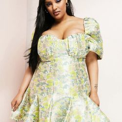 ASOS Luxe jacquard cupped off the shoulder mini dress w/godet detail in floral