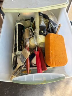 TONS OF PAINT SUPPLIES, INCLUDING ROLLERS, BRUSHES, STIRS, ETC.