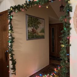 Christmas Decor…2-8.3/4ft. Green garland swags and strand of 200 multi color steady/blinking lights!