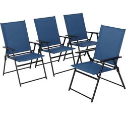 New in box-Patio Chairs, 4pcs Foldable Outdoor Sling Chairs with Armrests, Blue, Metal, Set of 4, for Lawn, Pool, Courtyard, Balcony & Garden