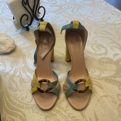 J. Crew Stella heels in colorblock leather with tortoise buckle (USED)