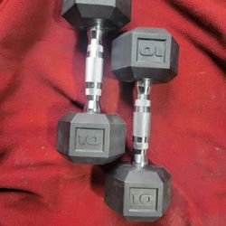 NEW. SET OF 10LB. RUBBER COATED HEXHEAD DUMBBELLS TOTAL 20LBs  11525 S HALSTED DUNKIN DONUTS/7111.S WESTERN WALGREENS
 20$  CASH ONLY AS IS