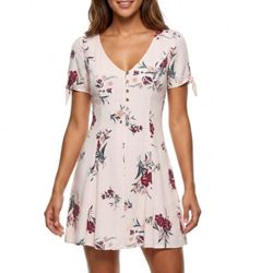 ASTR The Label Cottagecore Floral V-Neck Button Front Keyhole Mini Dress S