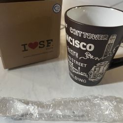BRAND NEW San Francisco Brown Mug White Spoon Set 
