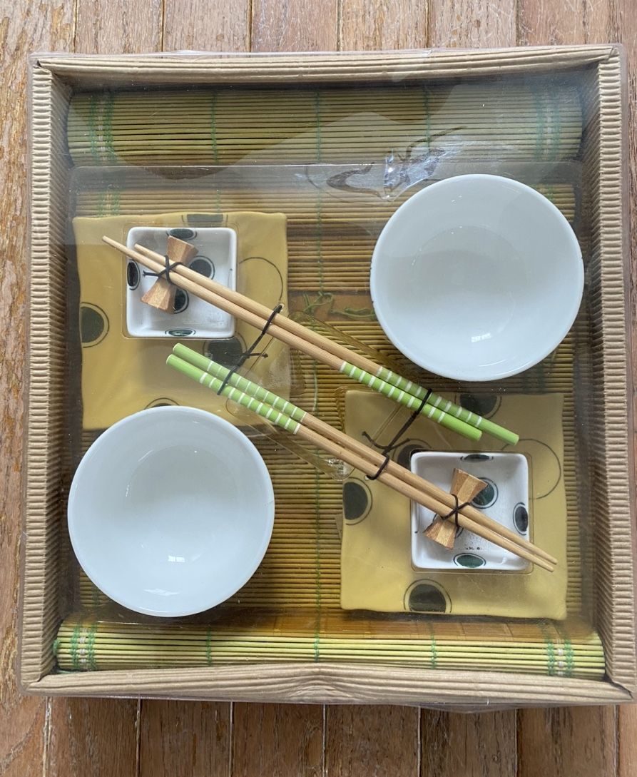 12 pcs Sushi Dinnerware set,Bamboo Rolling Mats,Plates,Bowls,Sauce Dishes,Chopsticks & Rests