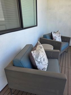 Crate and Barrel Dune Taupe Modern Outdoor Lounge Club Chairs - Set of 2
