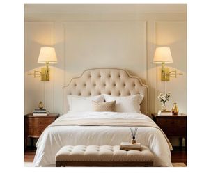 2 Pcs 15" Gold Swing Arm Wall Sconce Adjustable Wall Lamp, Plug-in/Wall Mount Sconce with 7" Beige Fabric Shade, Wall Mounted Reading Light with On/Of