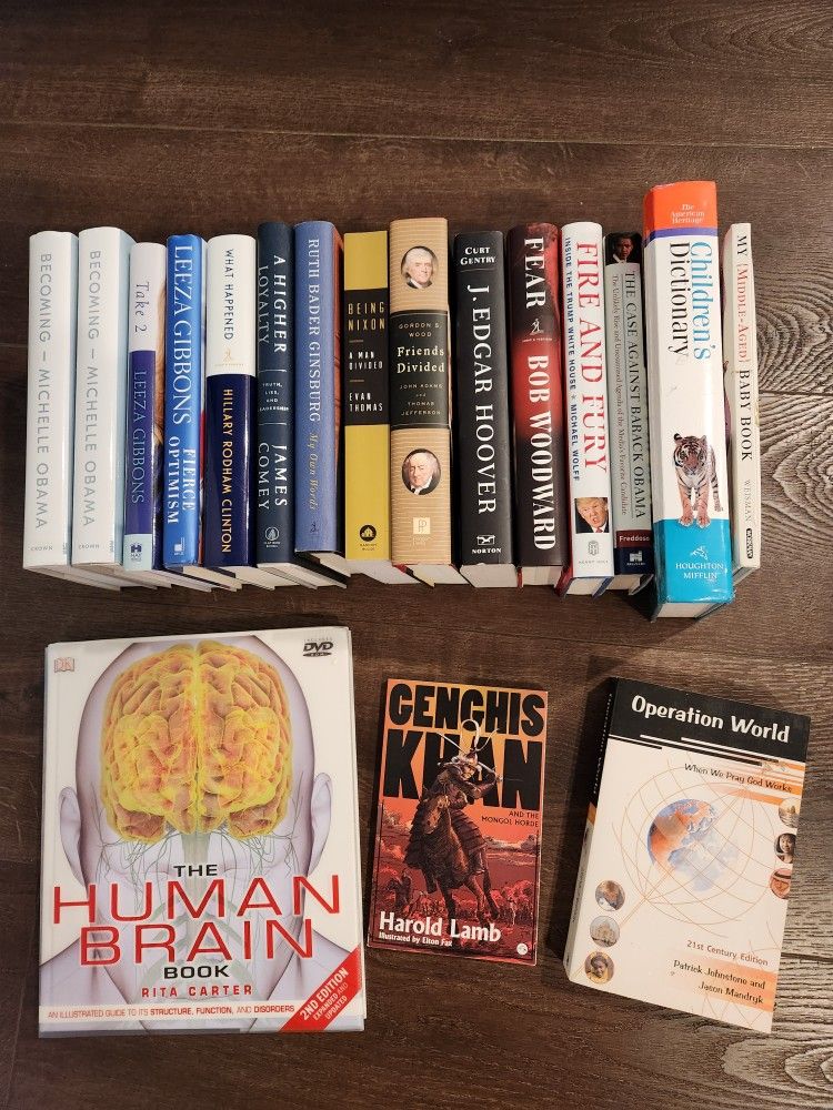 Various 17 Non Fiction books, Barack & Michelle Obama, Ruth Ginsberg, Hoover James Comey, Children Ditionary, Brain etc