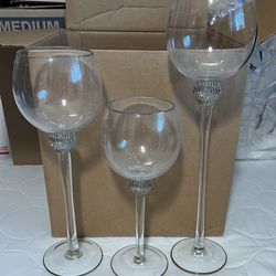 3 Glass Decorative Candle Holders - Clear Silver Rhinestones