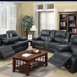 Black leather fully reclining three piece couch set