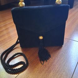 Mary Kay Vintage Black Suede Leather Small Shoulder Purse Gold Beads Tassel