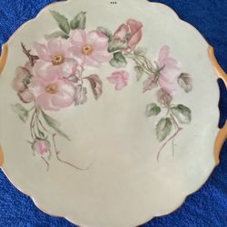 Antique T & V Decorative Plate Limoges France Hand-Painted Gold Handles Soft Green Pink 