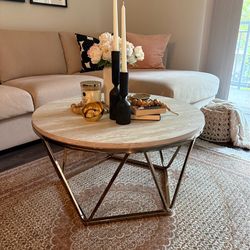 Round Marble Top Coffee Table with Gold Geometric Base