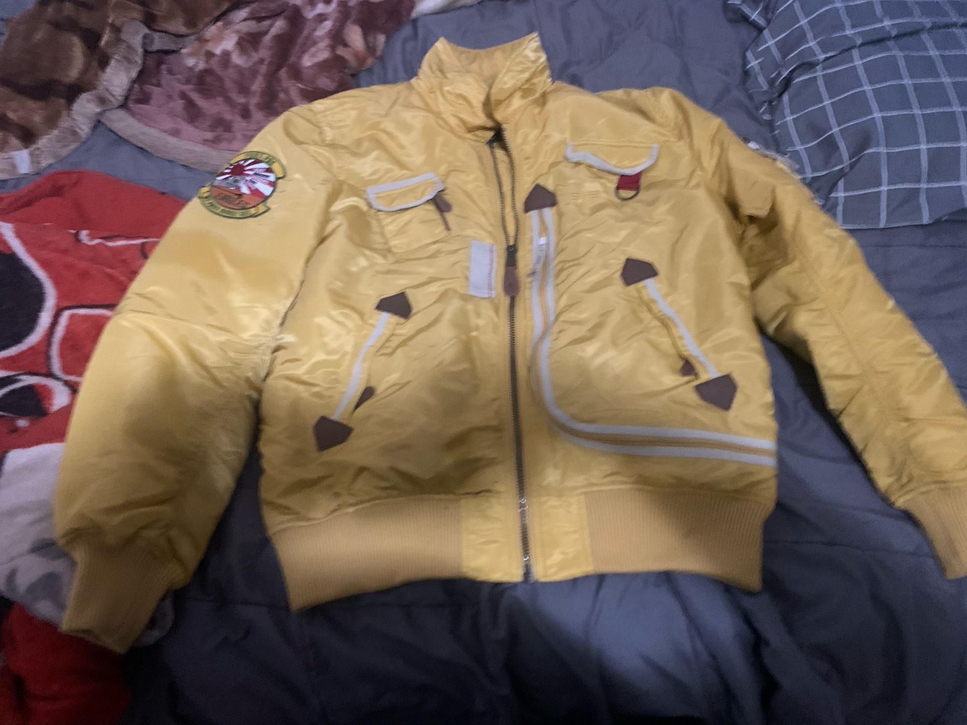 Alpha Industries Injector X Flight Jacket Yellow Nylon Bomber FART PAC Eagles 2XL