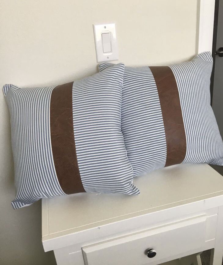 Handsome! Blue Striped Pillows With Leather Accent 