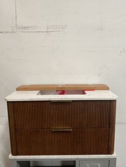 36” Brown Solid Wood Floating Bathroom Vanity with Engineered Marble Top (V82)