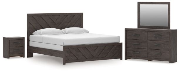 Prendonea Charcoal King Panel Bed, Dresser, Mirror and Nightstand