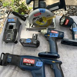 Ryobi 18V Tool Bundle/Like New—Impact Driver, 5 1/2” Circular Saw, Recip Saw, Battery/Charger, Work Lite