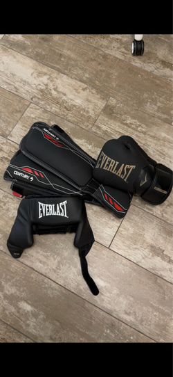 Everlast Elite Boxing Gloves & Headgear, Century Shin Guards Black Set