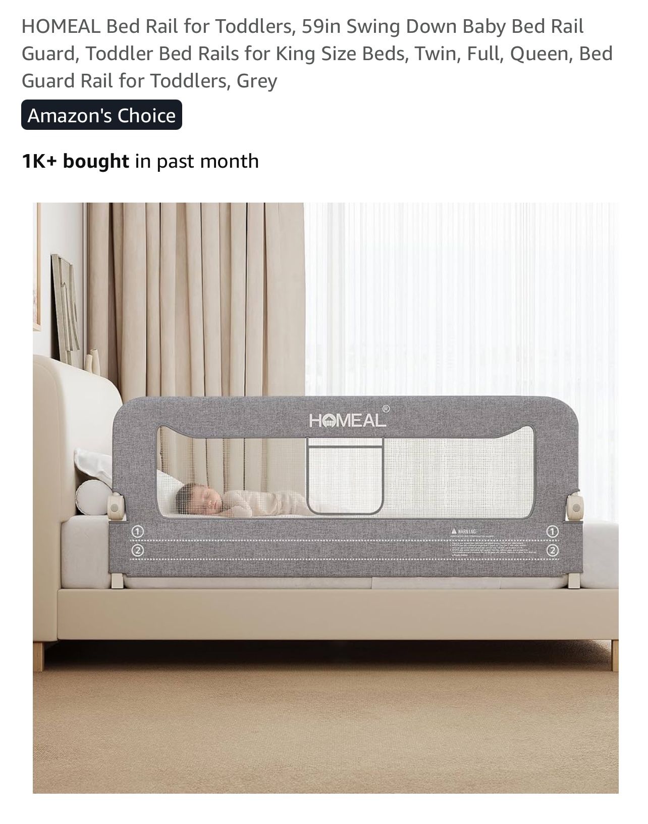 HOMEAL Bed Rail for Toddlers, 59in Swing Down Baby Bed Rail Guard, Toddler Bed Rails for King Size Beds, Twin, Full, Queen, Bed Guard Rail for Toddler