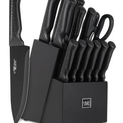 15 Pcs Black knife sets for kitchen with block Self Sharpening