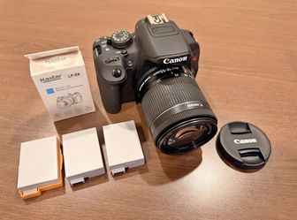 Canon EOS T3i DSLR + EF‐S 18–55mm lens + two brand‐new batteries