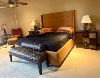 Upholstered King Bed Frame with Tall Headboard, bench, nightstands, lamps and chair