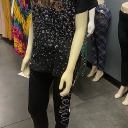 Stylish & Comfortable Set Shine with confidence in this elegant black outfit featuring a sparkling "Love" design top and matching stretch pants. Perfe