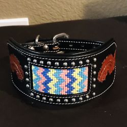 “New “ Beautiful MadCow 16 Beaded Black Leather Dog Caller 