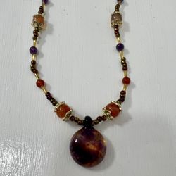 Hand Blown Glass Pendant And Gemstone Necklace 