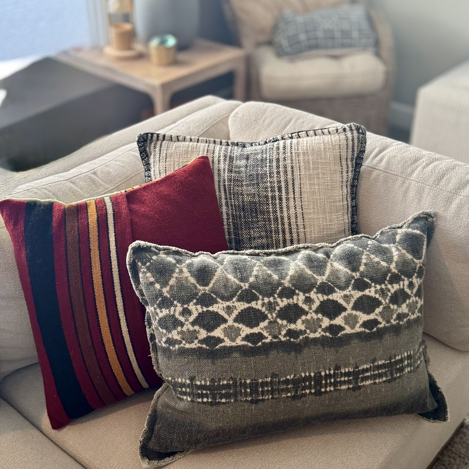 Fall Throw Pillow, Set Of 3, Boho World Market Sail Cloth, Persian Carpet Wool, Mexican Blanket Textures