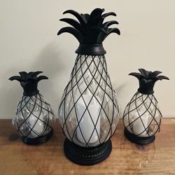 Set of 3 Hand Blown Bubble Glass with Cast Iron Tops Pineapple Candle Lanterns